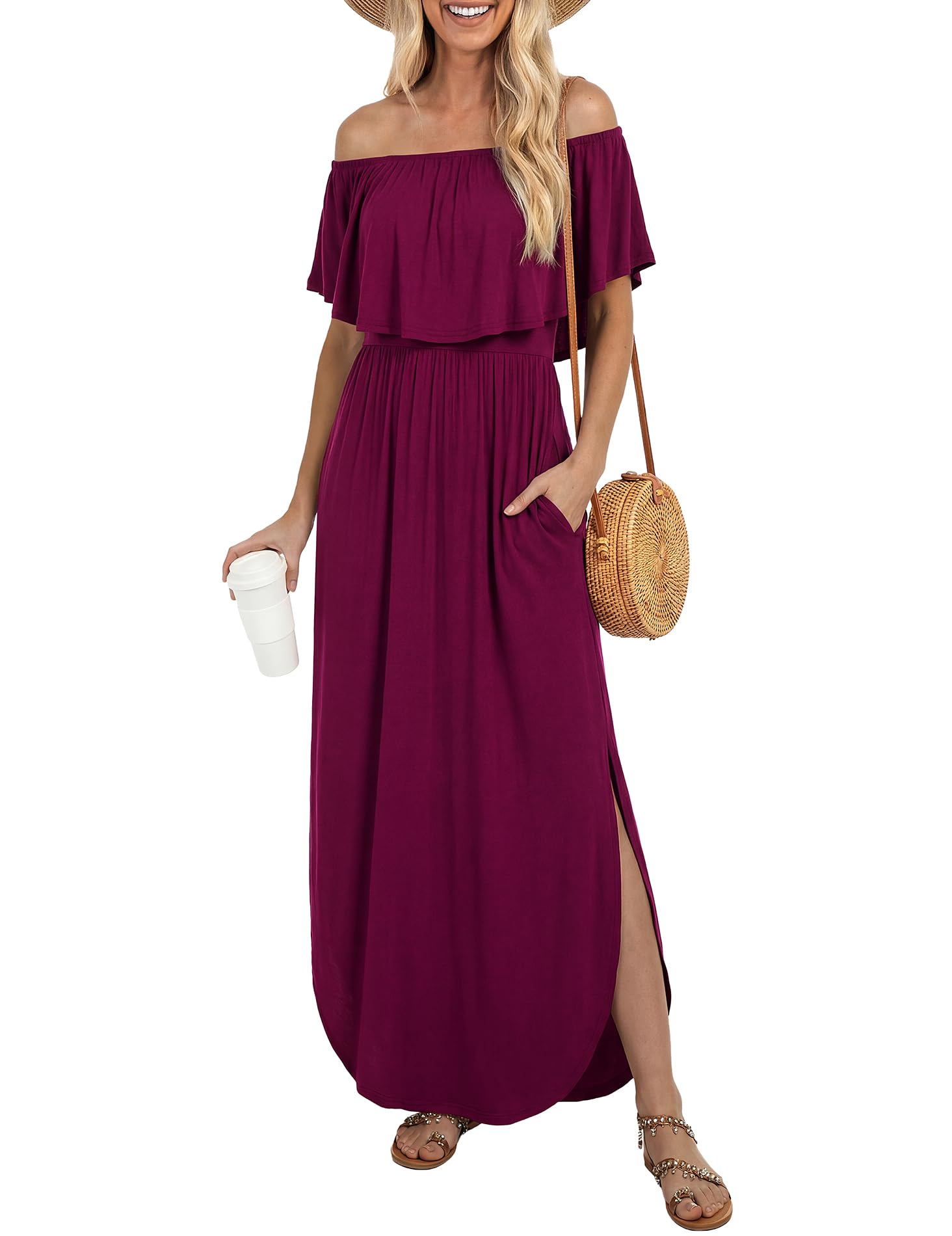 LILBETTER Womens Off The Shoulder Ruffle Party Dresses Side Split Beach Maxi Dress