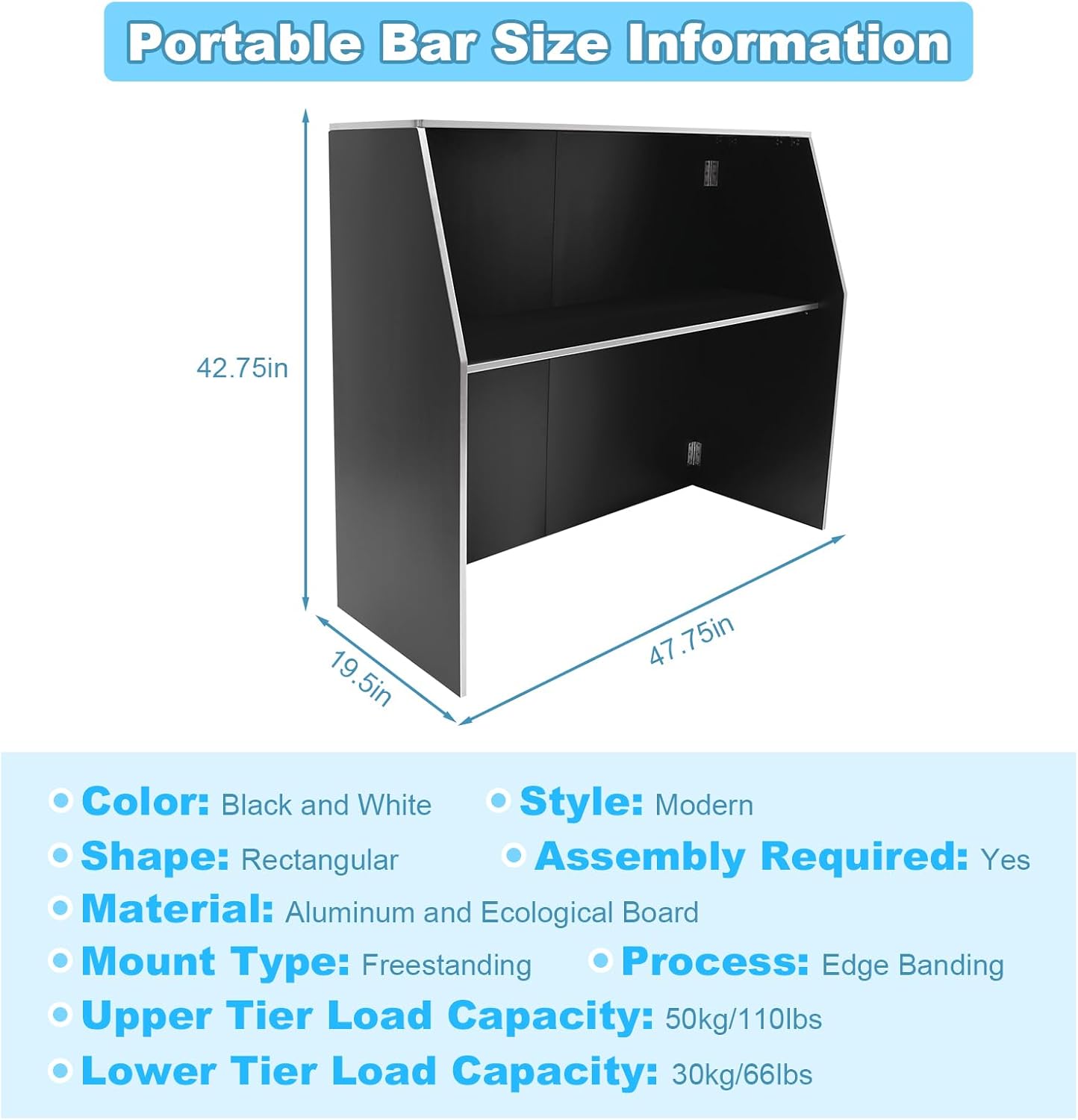 Portable Folding Event Bar, Mobile Bartender Station with Top and Middle Shelves, Mobile Foldable Bar Cabinet for Parties, Events, and Home Use (Black and White)