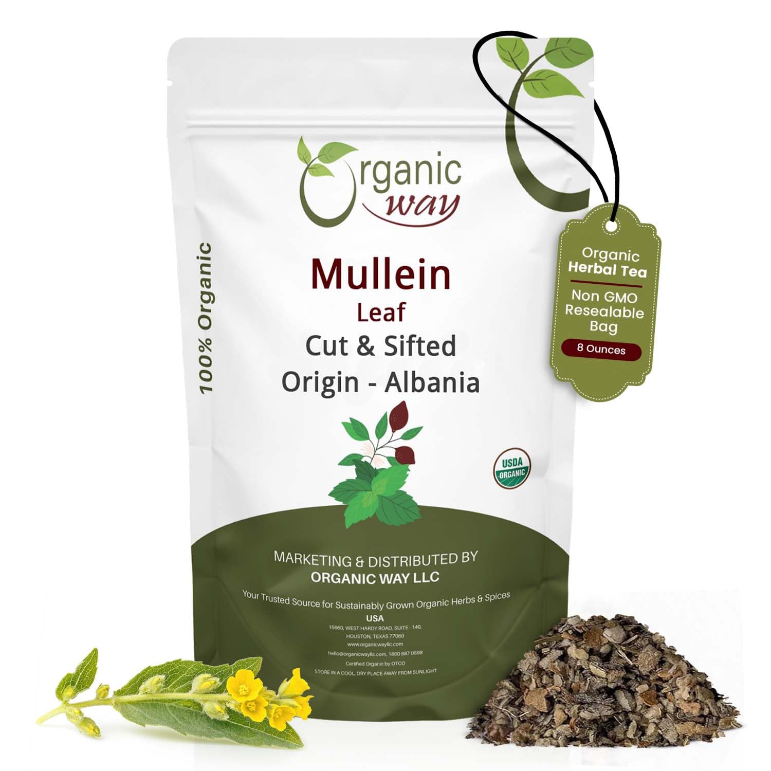 Organic Way Mullein Leaf | Herbal Tea (Verbascum Thapsus) Cut & Sifted - European Wild-Harvest | Organic & Kosher Certified | Non GMO & USDA Certified | Origin - Albania (1/2LBS / 8Oz)