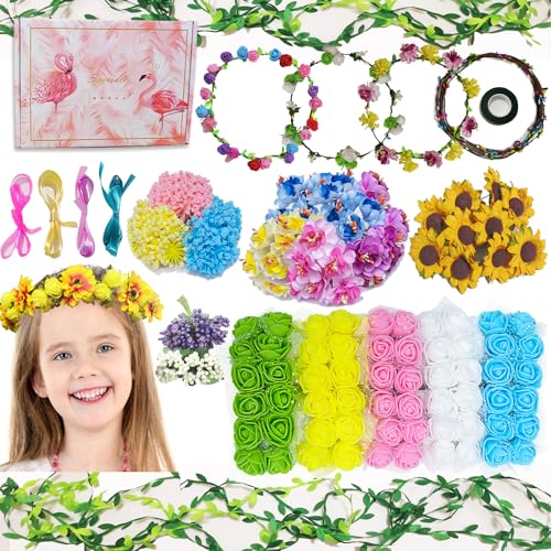 WUBOMJIO Flower Crowns Craft Kit, Make Your Own 12 PCs Floral Crowns Garland Handmade Arts and Crafts for Kids, DIY Fairy Flower Headbands and Bracelets,Hair Accessories for Girls/Teens/Women