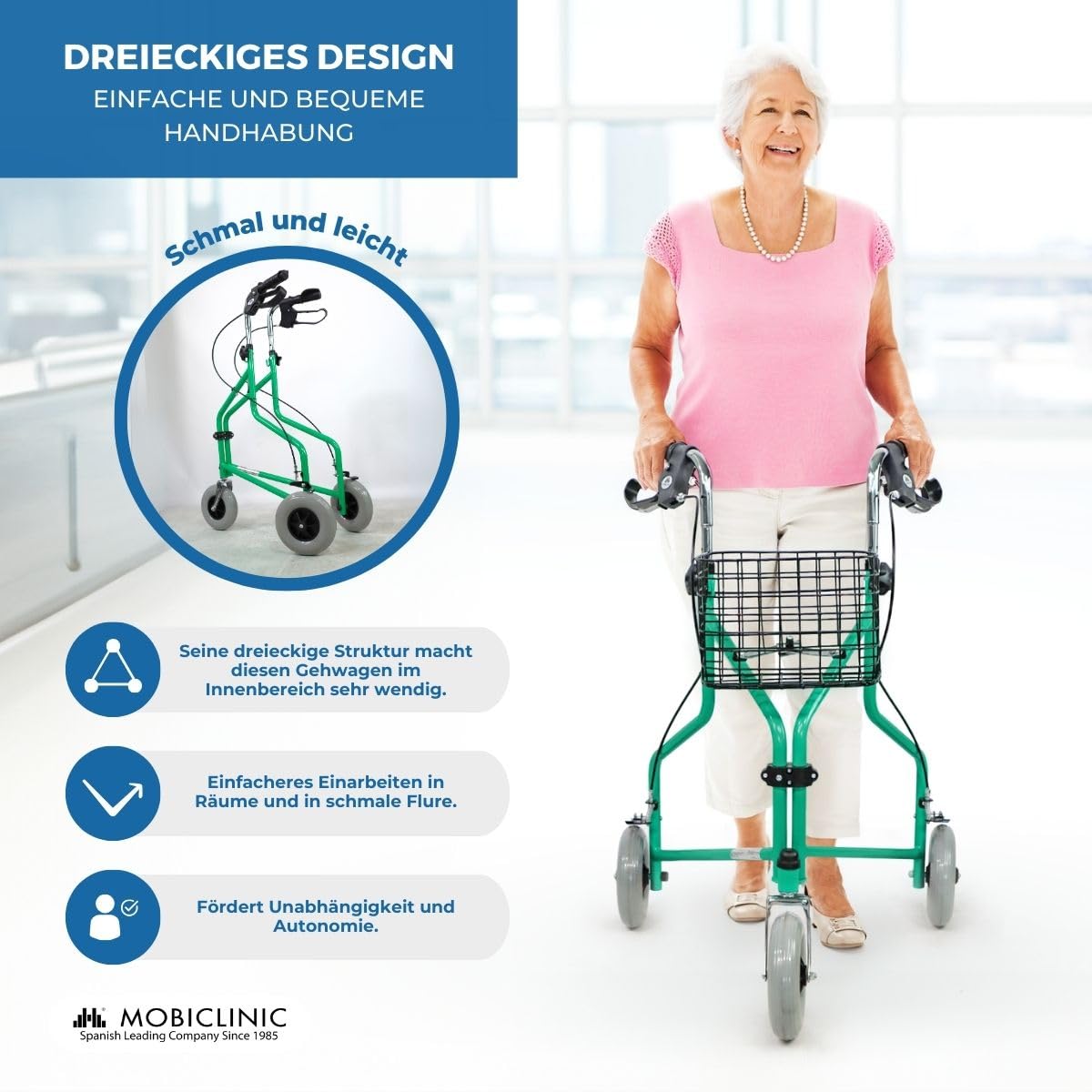 Mobiclinic®, Rollator mit 3 Rädern, Faltbar, Höhenverstellbare, mit Korb, Tasche und Handbremsen, Leicht, Gehhilfe für Senioren, Grün, Caleta