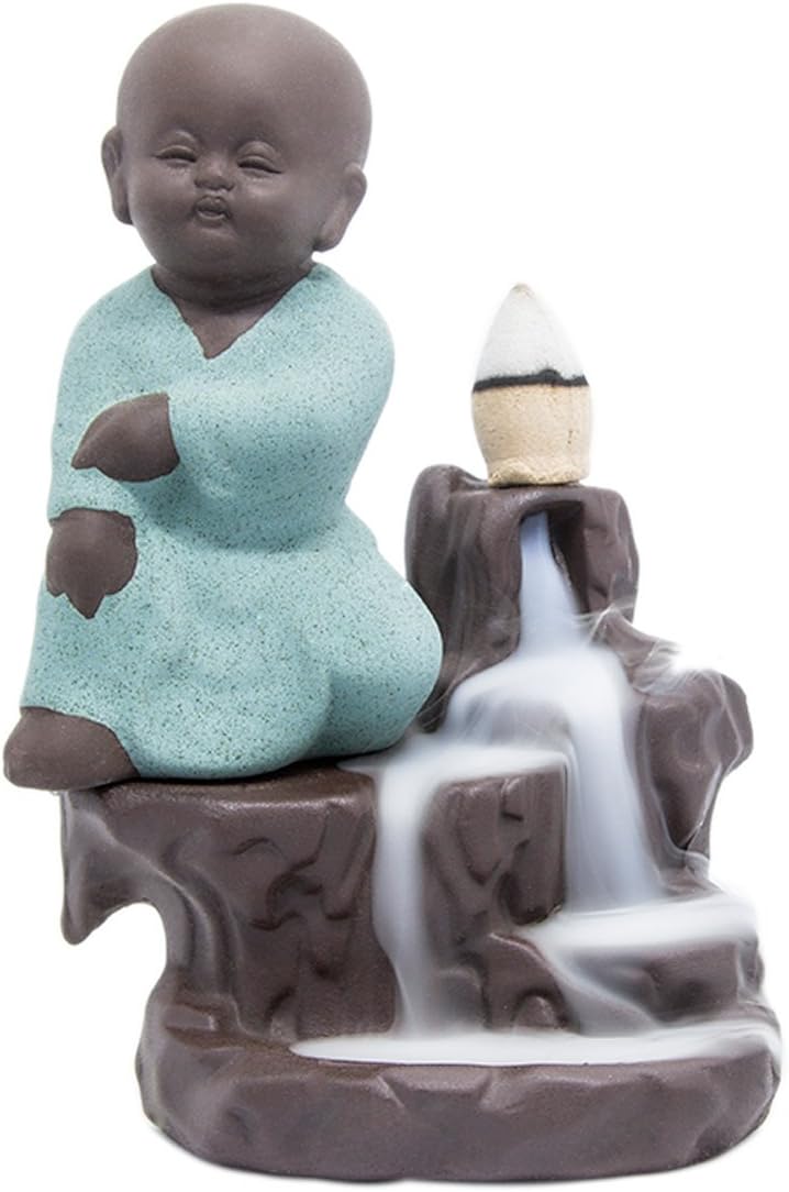 Incense Burner Holder Backflow Tower Cones Sticks Ceramic Porcelain Buddha Monk Ash Catcher- Green