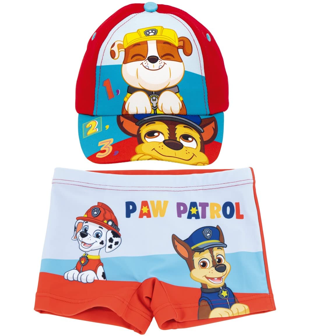 REQUETEGUAYBañador Patrulla Canina para Playa o Piscina + Gorra Paw Patrol para Niños | Pack de Bañador y Gorra Patrulla Canina | Bañador Tipo Bóxer + Gorra Ajustable de Chase, Marshall y Rubble