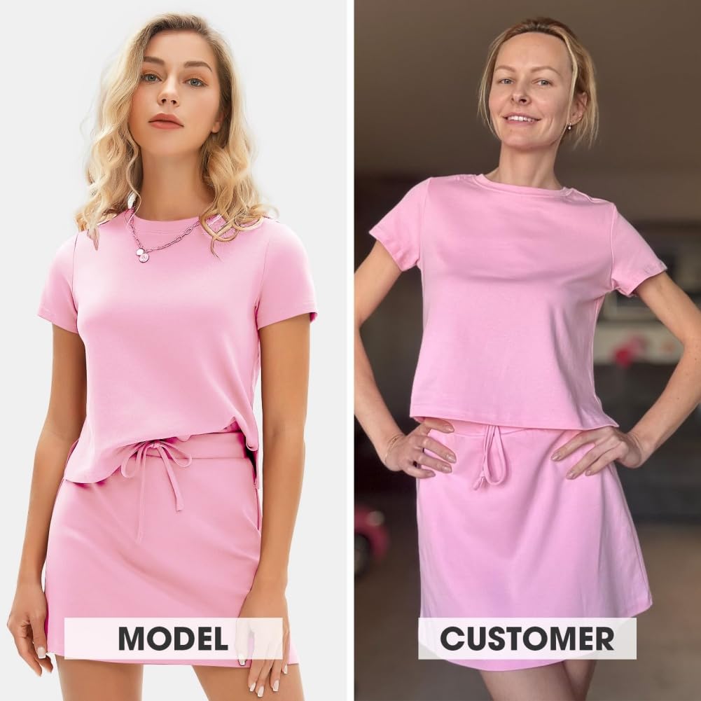 Falda corta casual de verano de dos piezas para mujer, camiseta de manga corta, falda de tenis, exquisita falda de algodón, traje deportivo corto deportivo casual, rosa, M