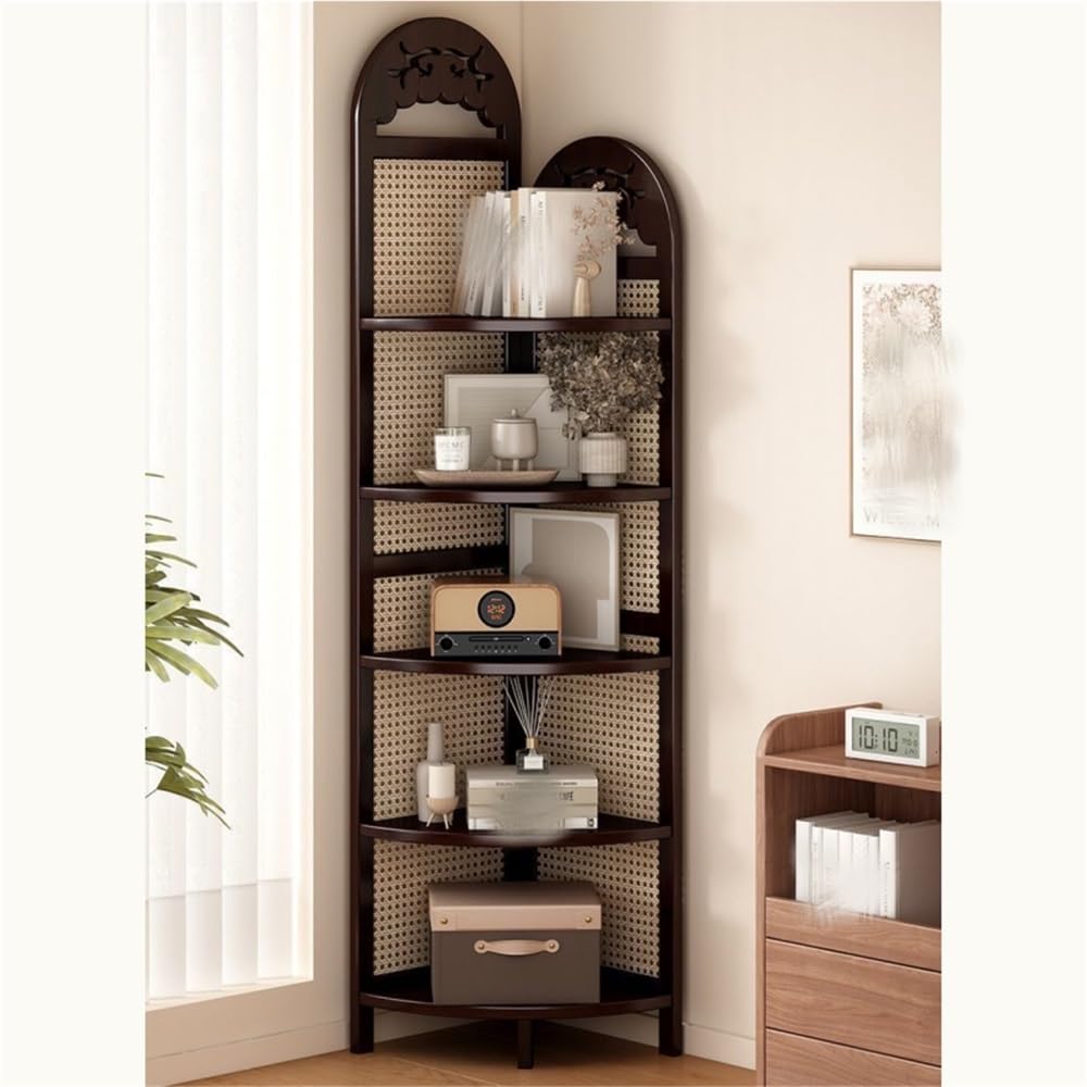 Estantería esquinera de ratán Premium y madera elegante para organizar el hogar