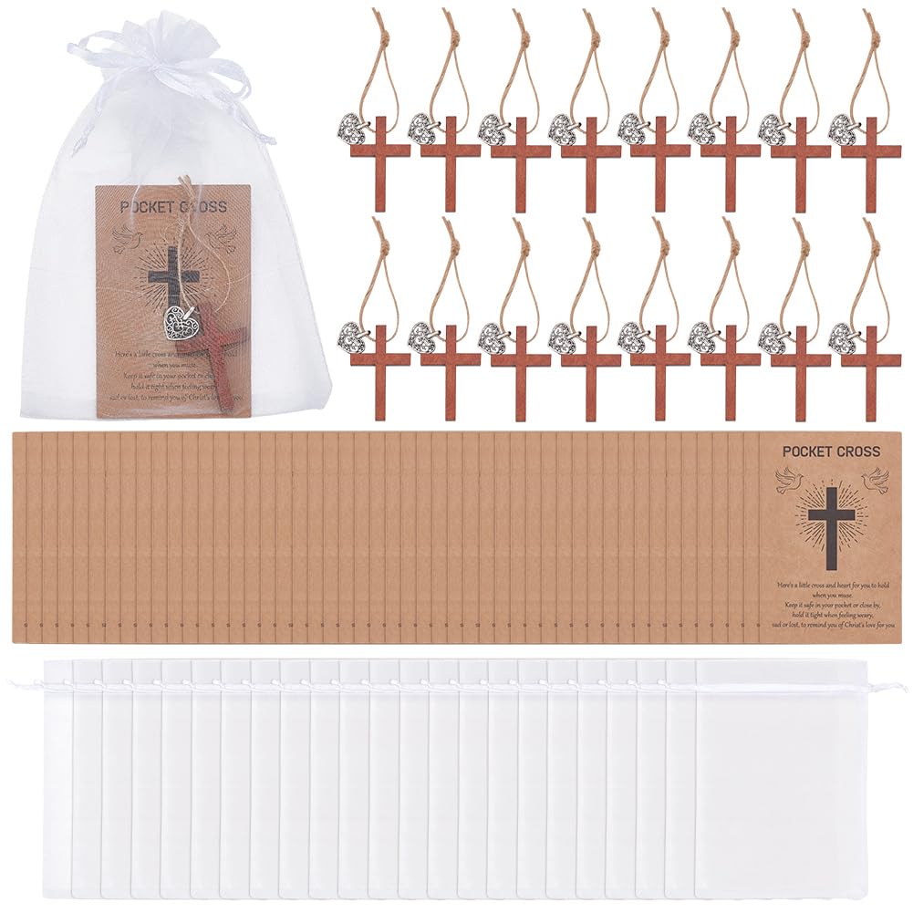 UNICRAFTALE 40Set Wooden Pocket Cross Charm with Heart Hanger Christian Gifts Cards with White Organza Bags Cross Greeting Cards for Friends Colleagues Family Christians Church Gifts Long 10cm