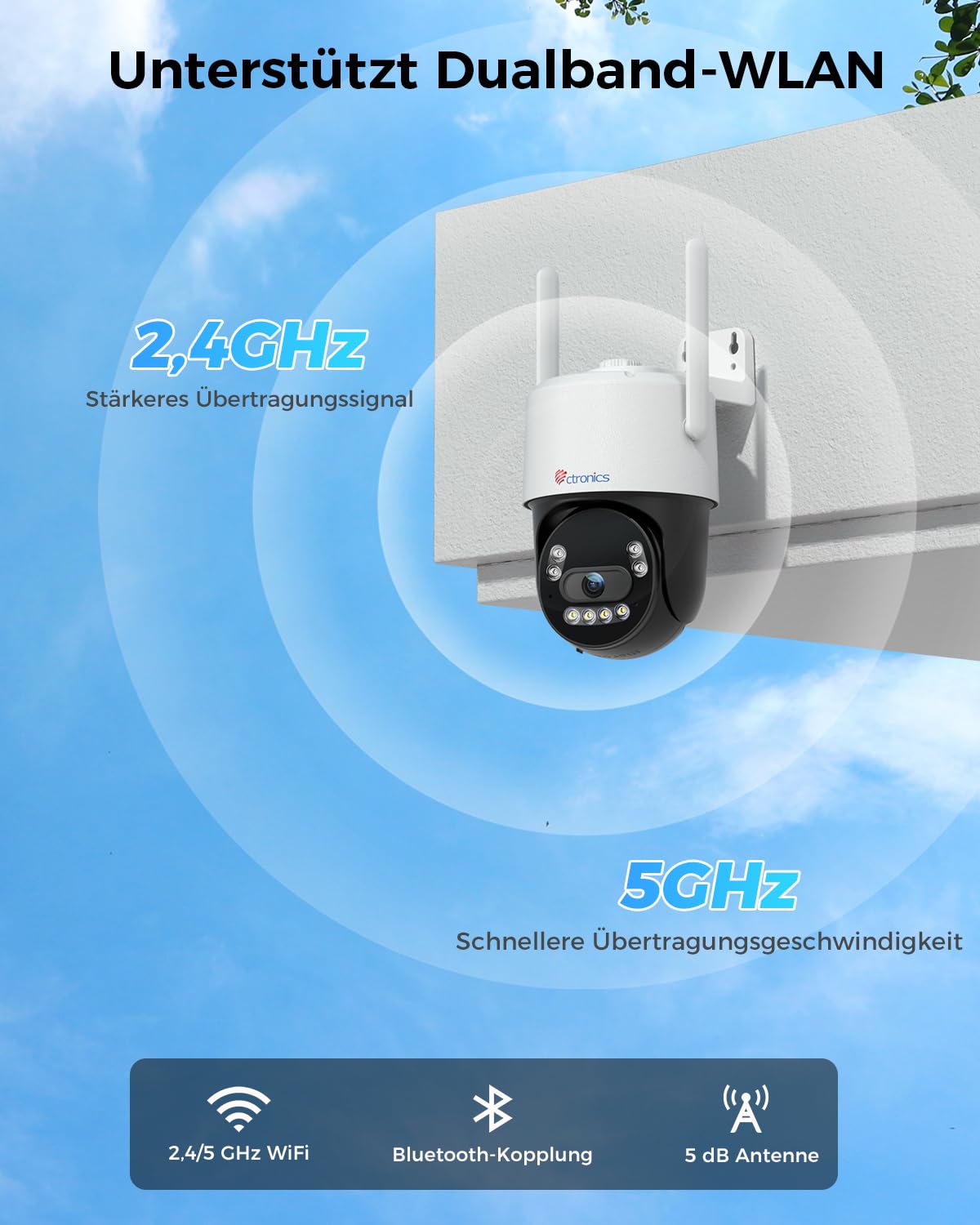 Ctronics 4K WLAN Überwachungskamera Außen,8MP PTZ Kamera mit Farbnachtsicht | 2,4/5GHz Dualband WLAN, KI Personen-/Fahrzeug-/Tiererkennung, unterstützt NVR&24/7 Aufzeichnung, Zwei-Wege-Audio, IP66