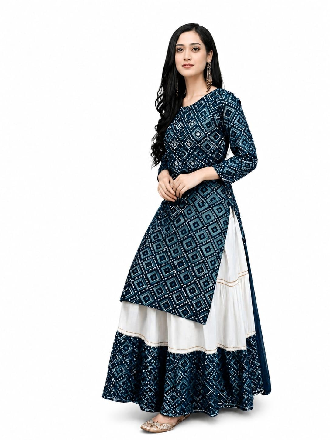 Women Bandhani Print Rayon Kurta with Skirt Set-image-24