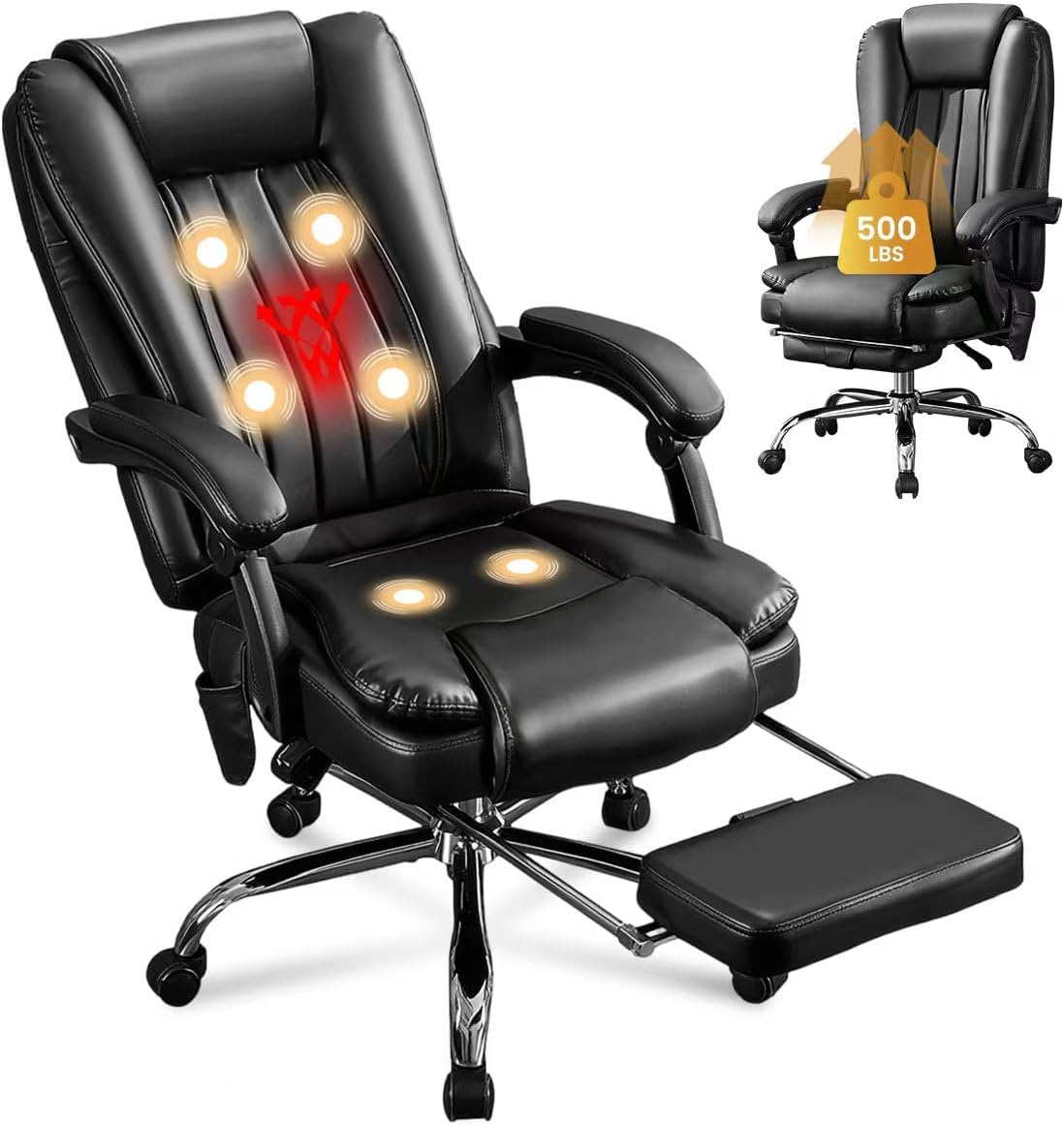 6 Points Vibration & Heat Massage Office Chair with Foot Rest,500lbs Big and Tall Office Chairs,Ergonomic Reclining Desk Chair for Home Office,Gaming