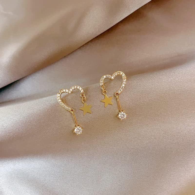 Reffeer Love Heart Earrings Star Solid 925 Sterling Silver Stud