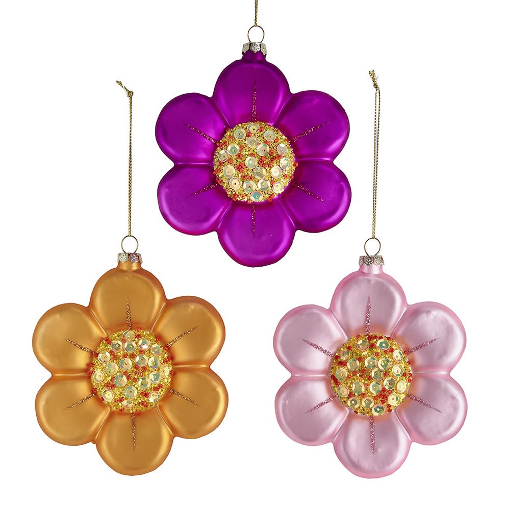 Kurt S. Adler Mulitcolor Kurt Adler Glass Daisies Ornaments, Set Of 3