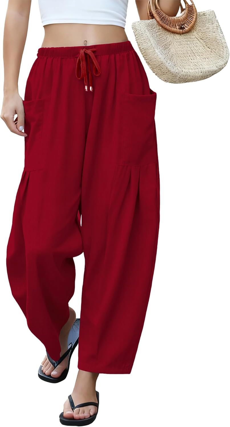 LOMON Womens Wide Leg Linen Pants Casual Drawstring Palazzo Harem Pants Summer Loose Beach Travel Vacation Pants with Pockets