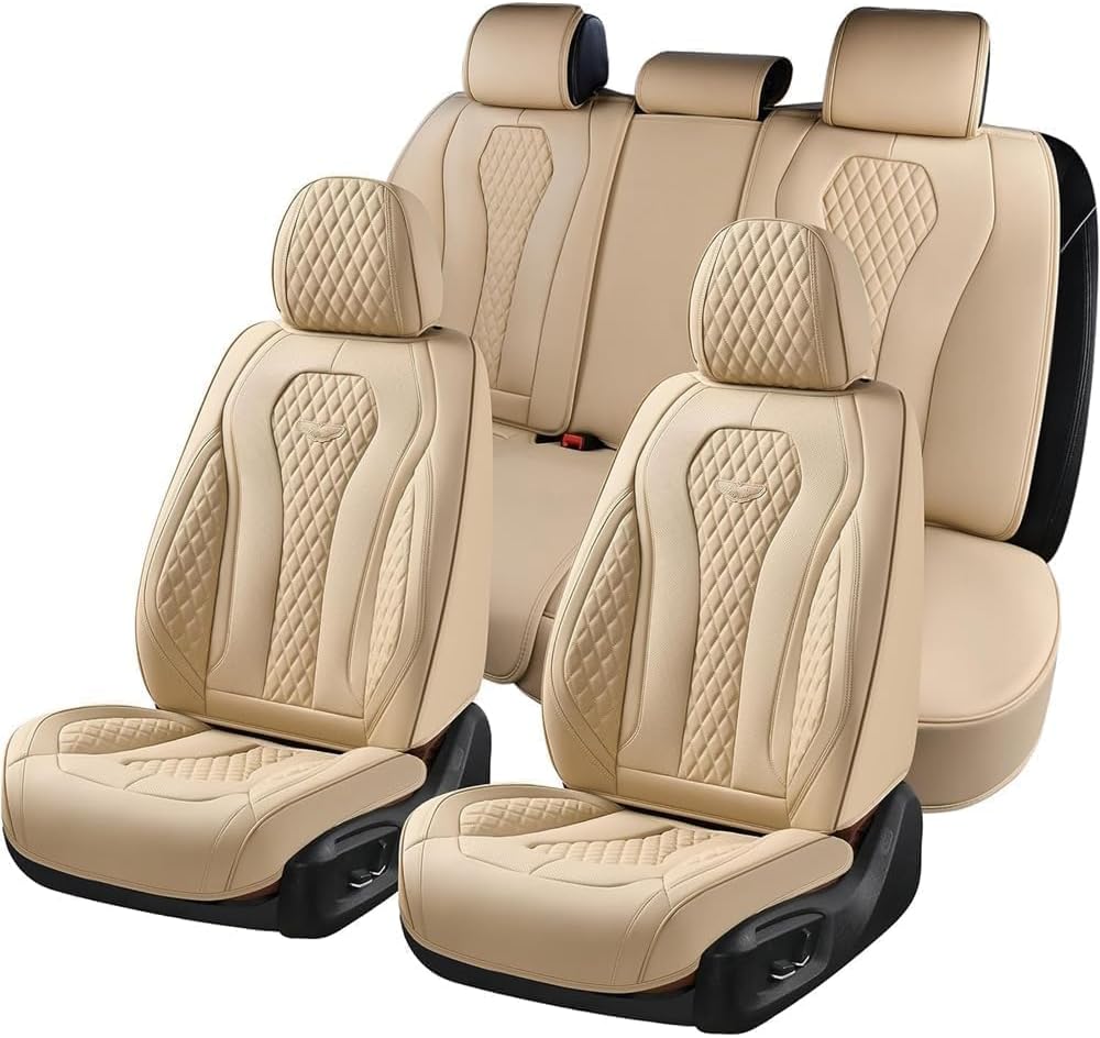 Coverado Car Seat Covers Full Set - Beige Waterproof Cushion for Front and Back Seats - Universal Fit Protector for Most Cars