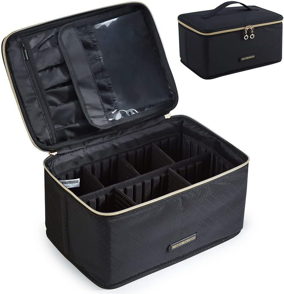 LIGHT FLIGHT Makeup Bag, Cosmetic Bag Large Makeup Case Organizer with Adjustable Dividers for Cosmetics, Makeup Brushes, Toiletries, Travel Accessories, Black, Medium