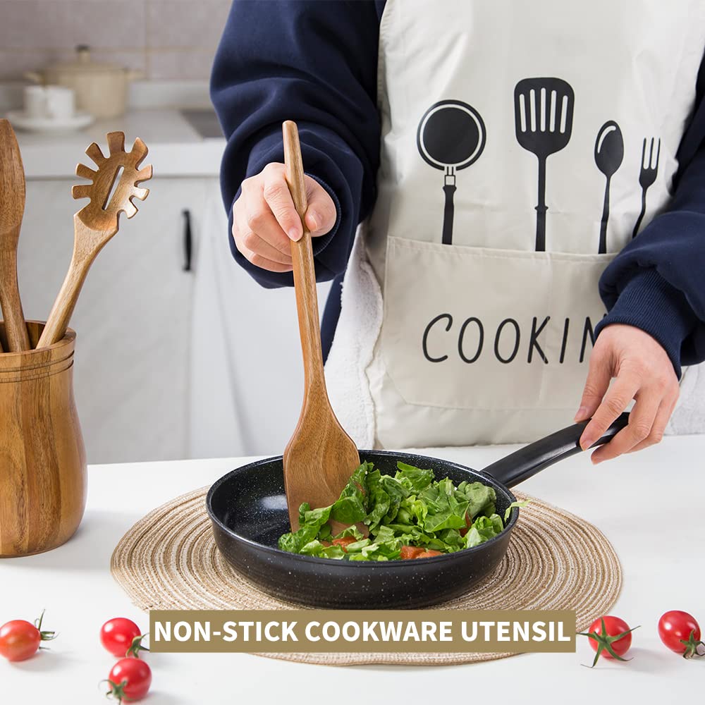 Exquisitos utensilios de cocina de madera para cocina, juego de 5, juego de utensilios de cocina de madera de acacia de 12 pulgadas, utensilios de cocina que incluyen cuchara, espátula de cuchara