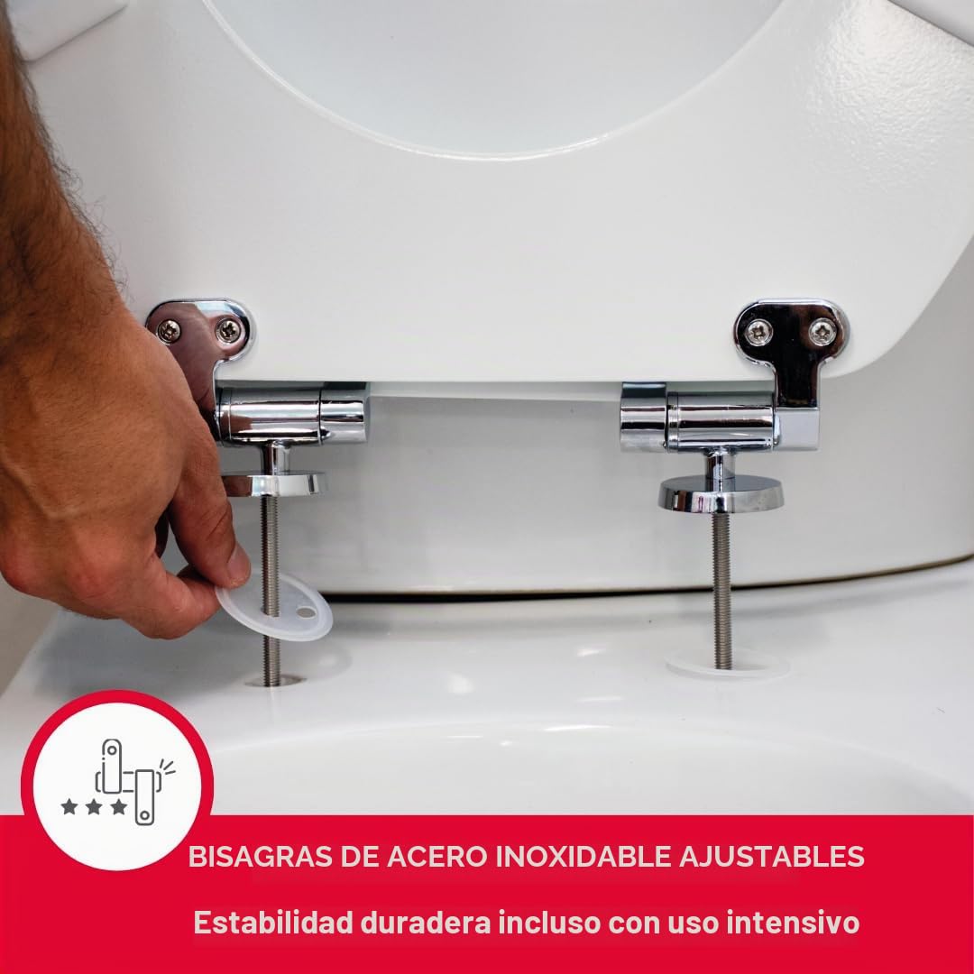 Wirquin woody - Tapa wc woody lux con tornillo acero inoxidable lacado blanco | MDF, freno de caída, bisagras de acero inoxidable, forma U