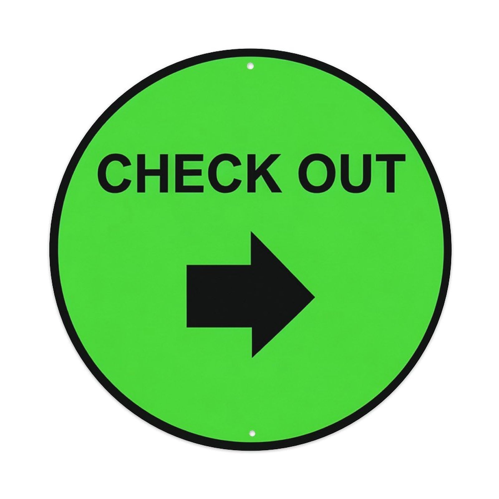 Green Background Check Out Right Arrow Direction Round Sign Vintage Aluminium Metal Sign, Retro Wall Decor for Home, Bar, Garage & Farmhouse 20x20cm