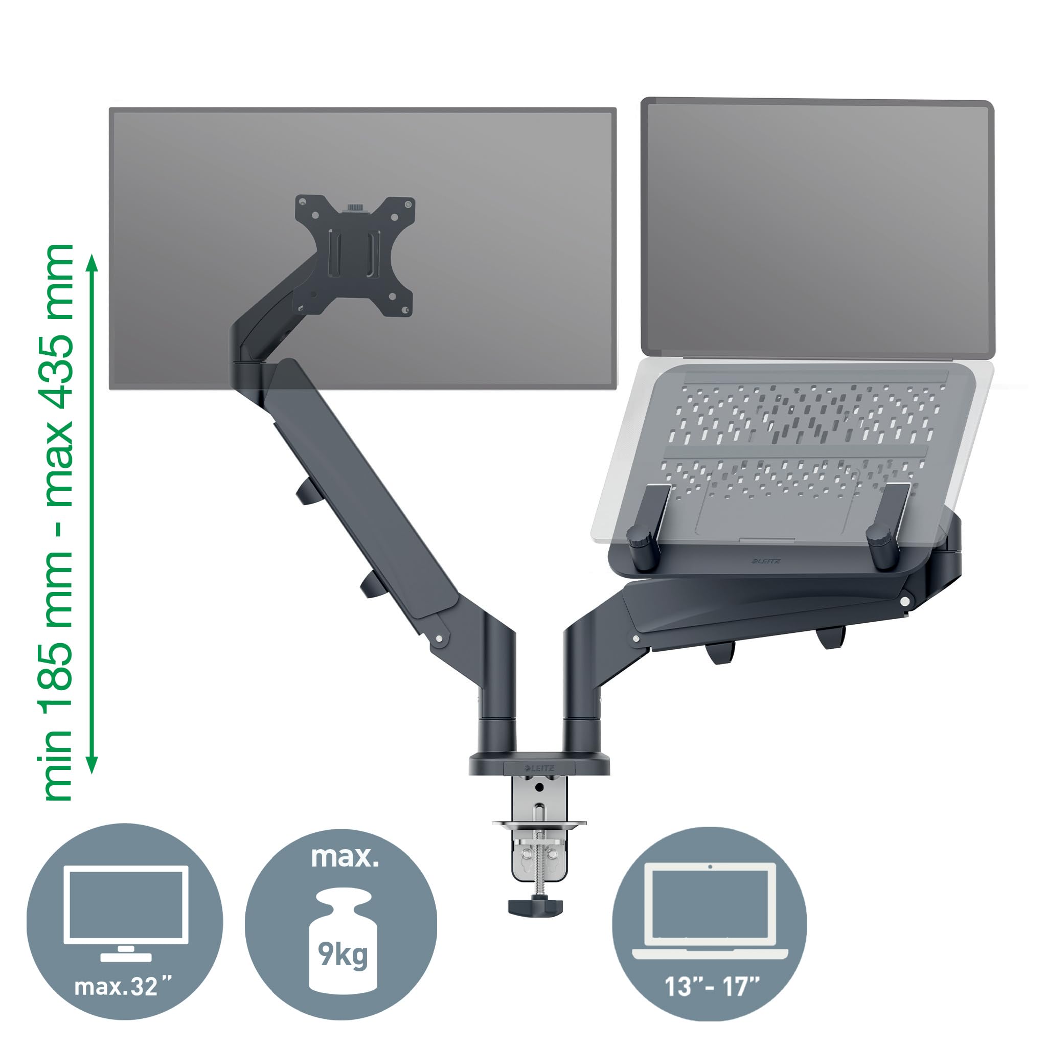 Leitz Ergo Braccio Doppio per Monitor e PC a molla, per Schermi fino a 32 " e ad un Peso di 9 kg, Salvaspazio ed Ergonomico, Grigio Scuro, 65380089