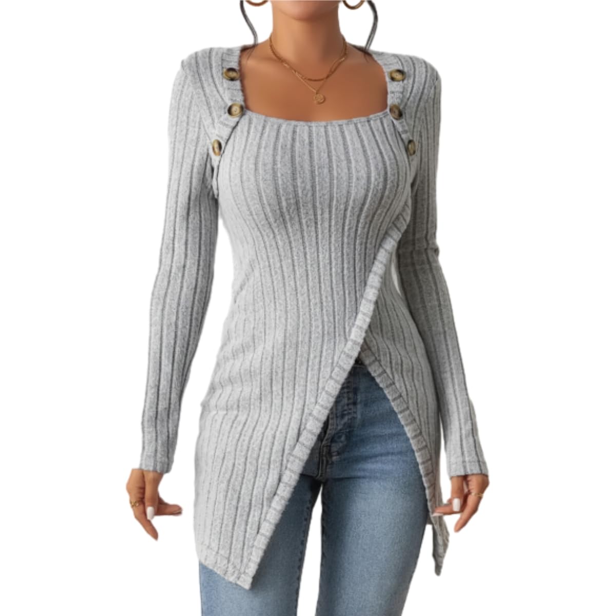 OSCORP Womens Ribbed Square Neck Long Sleeve Top Fitted Knit Blouse with Metal Buttons Asymmetrical Hem Casual Workwear
