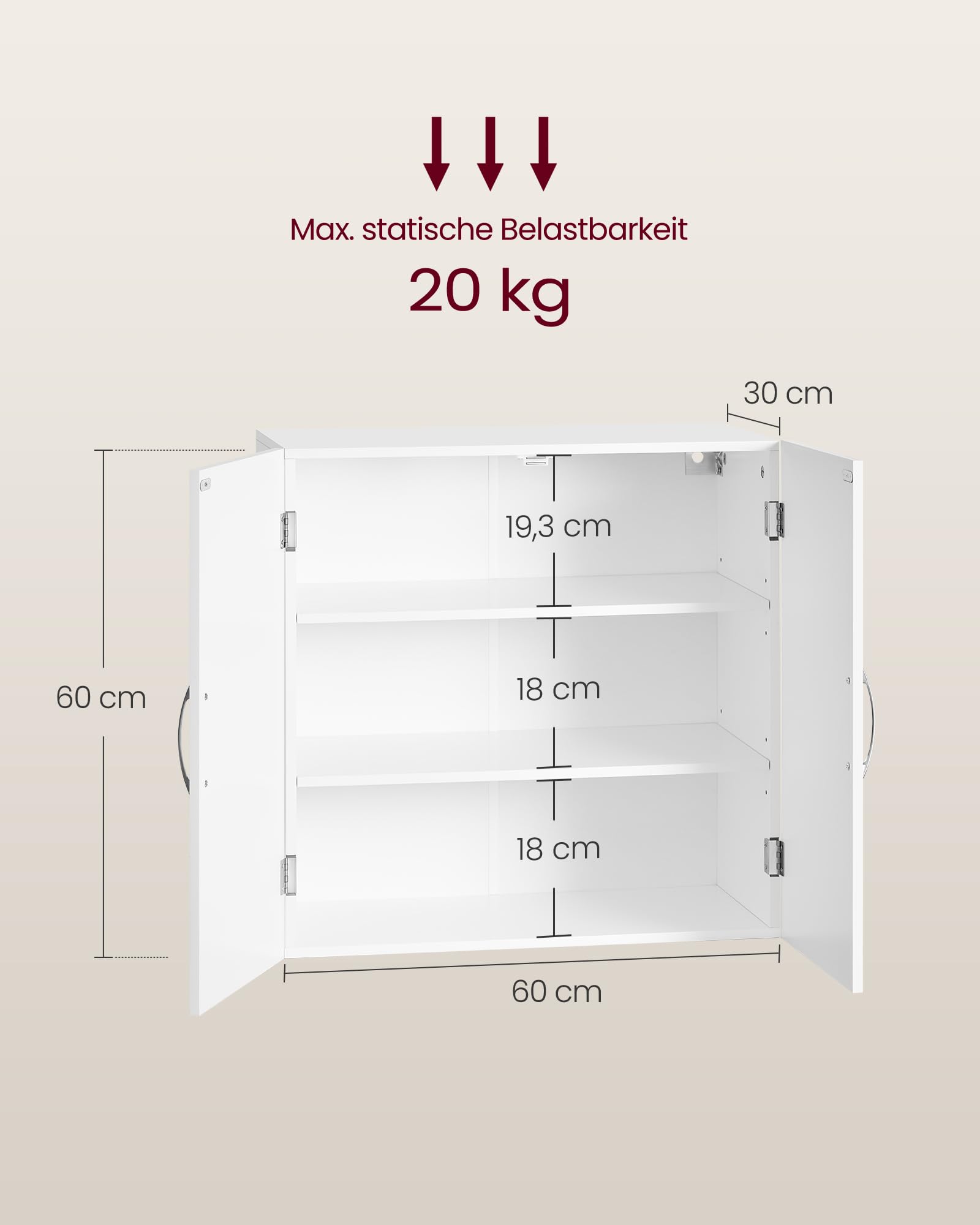 VASAGLE Wandschrank für Badezimmer, Wandschrank für Badezimmer, 30 x 60 x 60 cm, Medizinschrank mit verstellbaren Regalen, Wolkenweiß BBC321W01