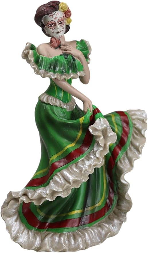 Ebros Gift Dia De Los Muertos Sugar Skull Green Gown Skeleton Ceremonial Dancer Figurine Day of The Dead Vivas Calacas Traditional Folklore Mexico Latin Cultural Sculpture