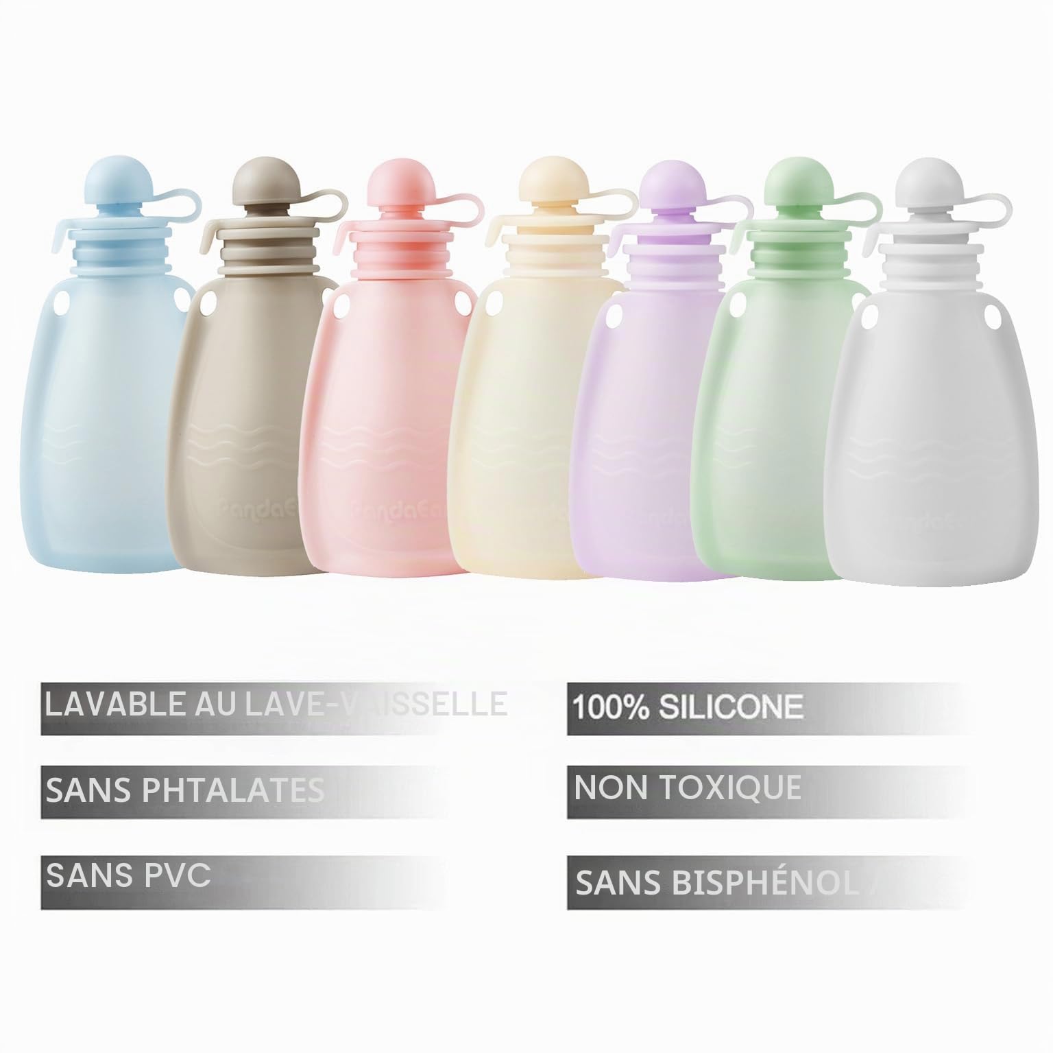 PandaEar Pochettes de Nourriture pour Bébé en Silicone Réutilisables, Lot de 7 Pochettes à Presser pour Tout-Petits, Stockage de Nourriture pour Bébé Rechargeable en Silicone sans BPA, 160 ml
