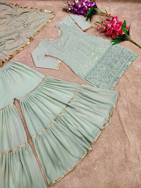 Image of Women's Designer Chinon Silk Sharara Suit Set, Sequence Embroidery Kurti with Tiered Sharara and Dupatta