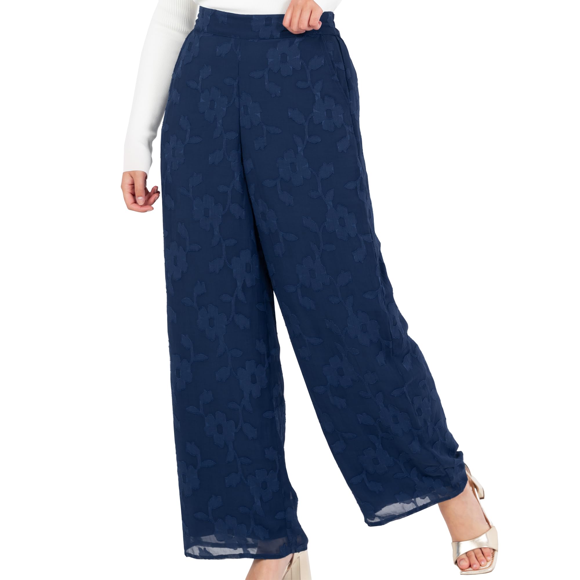 Lovedrobe Women's Palazzo Trousers Ladies Wide Leg Pants Floral Print Chiffon Bottoms Smart Casual Party Office Wear, Navy Blue 10