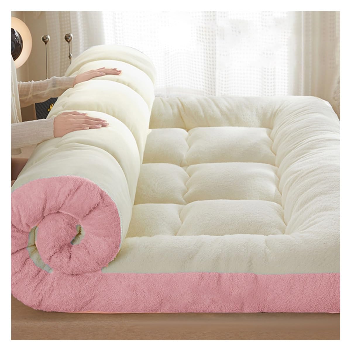 OBONG Thick Milk Velvet Mattress Topper Queen Size Winter Warmth Soft Bed Mattresses Pad 4 Anchor Elastic Bands Breathable Quilted Japanese Futon Mattress (Color : Pink, Size : Cal King-200 * 220cm)