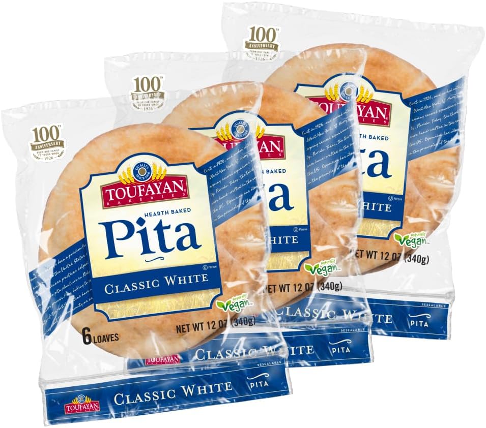 Classic White Pita Bread – Soft Thin Hearth-Baked Pita Pockets for Sandwiches, Wraps, Gyros & Shawarma | Freeze on Arrival, Vegan, Kosher | 3 Pack (18 Pita Total)