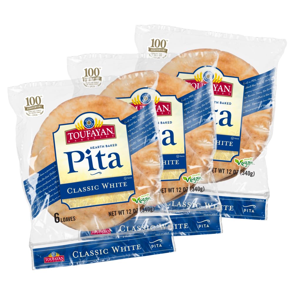Toufayan Classic White Pita Bread – Soft Hearth-Baked Pocket Pita | Freeze on Arrival | 3 Pack (18 Pitas Total)