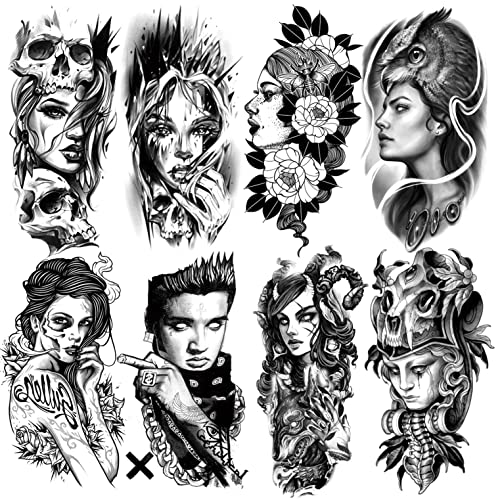 Oottati 8 Hojas Tatuajes Temporales Brazo Pierna Dama Calavera Flor Cara Búho Perro Casco Cover