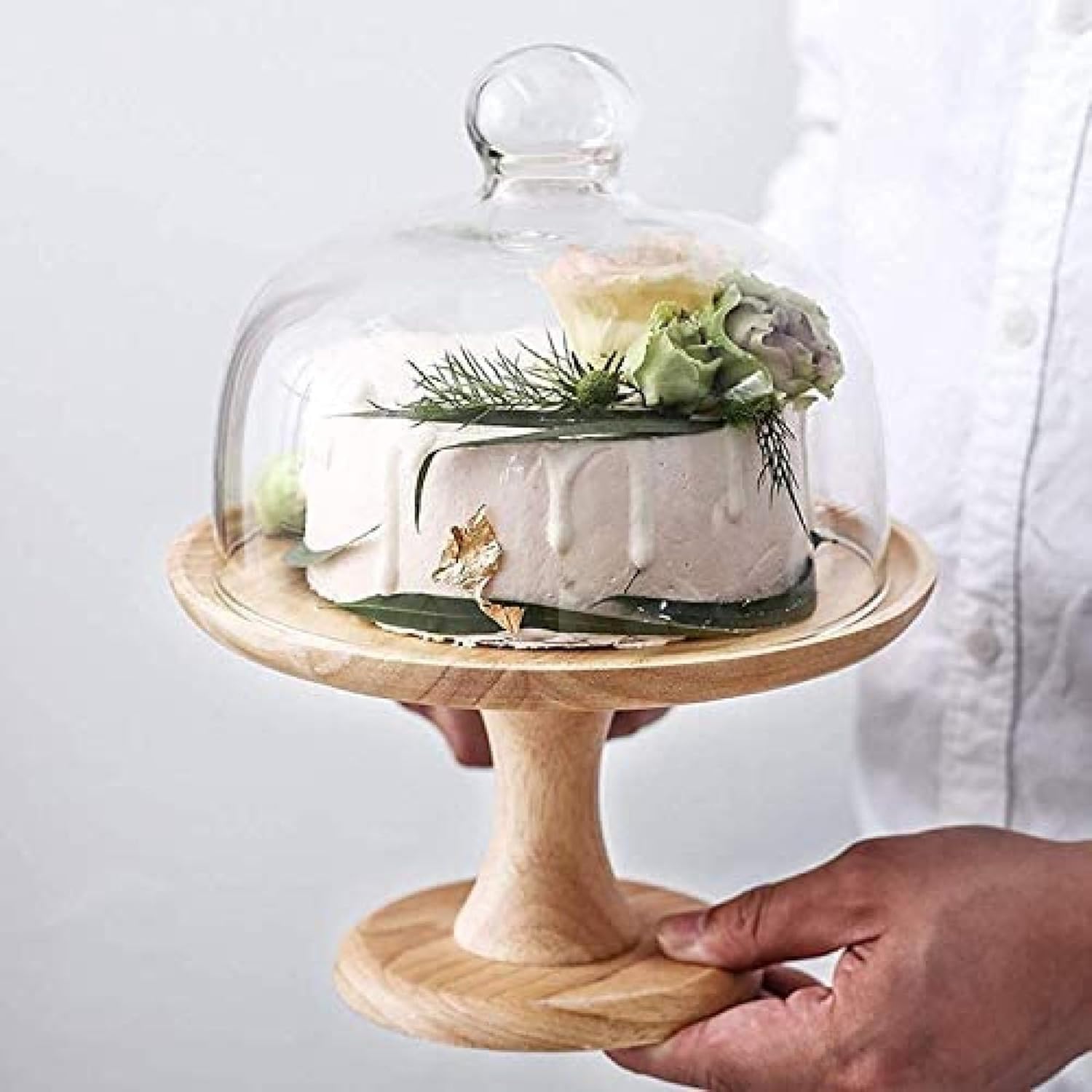 Stojak Na Ciasto Z Kopułą, Stojak Na Tort Weselny Z Pokrywką, Drewniane Stojaki Na Ciasto Ze Szklaną Kopułą, Miski Na Owoce Z Przezroczystą Pokrywką, Stojaki Na Desery Na Tort Urodzinowy, S