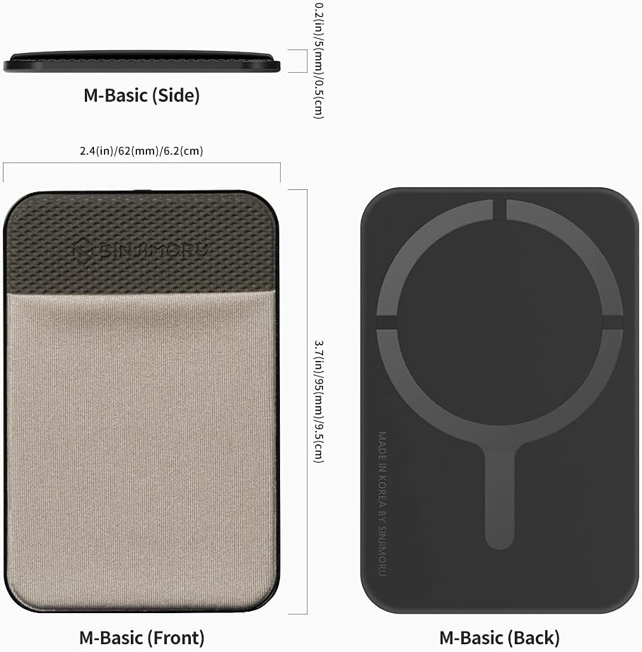 Sinjimoru Basic Cell Phone Wallet Stick on, Phone Card Holder for Back of Phone for MagSafe Wallet Compatible with iPhone 14 & 13 12 Series. M-Basic Grey
