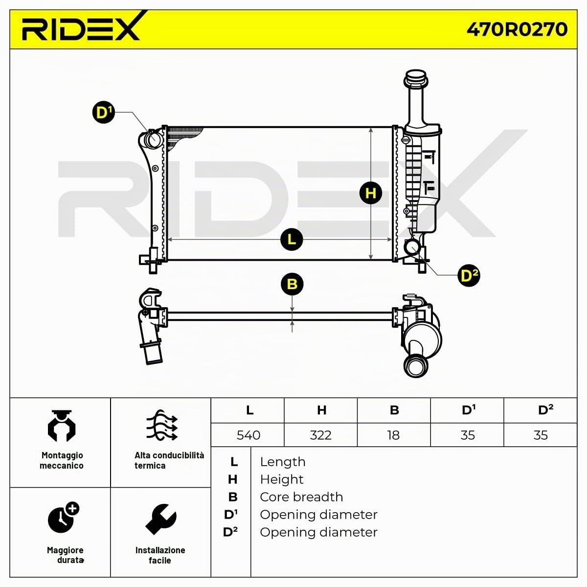 RIDEX 470R0270 Radiatore motore Compatibilità con FIAT PANDA 169 Benzina