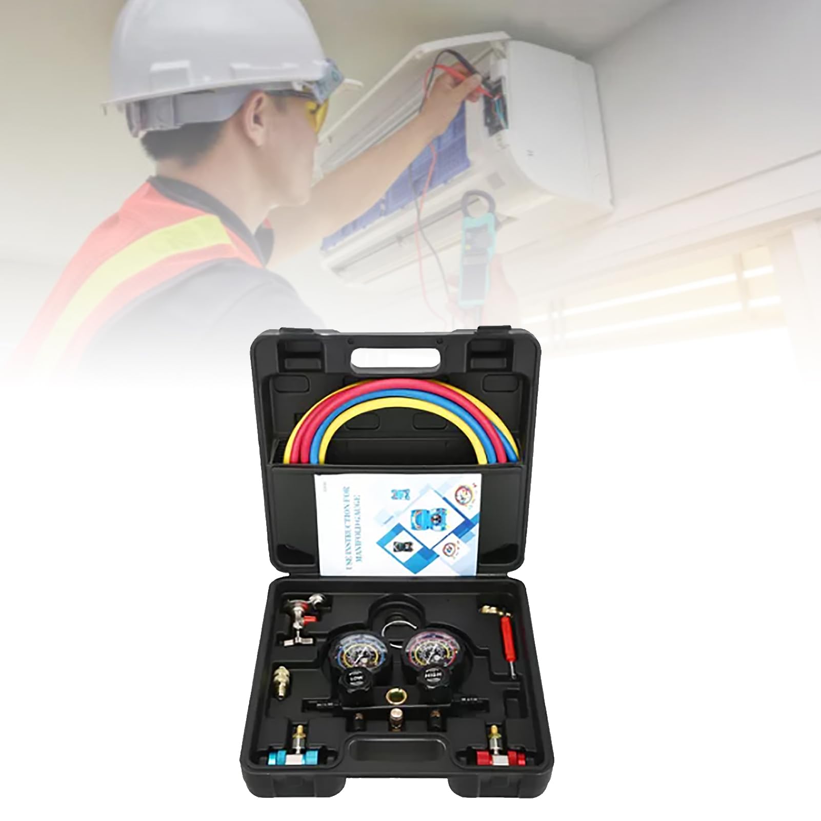 Qcwwy Juego de Manómetros de Colector de Refrigerante, R410A R22 R134a R404A Juego de Manómetros de CA Medidor de Presión de CA Herramientas de Reparación de Líneas de Aire