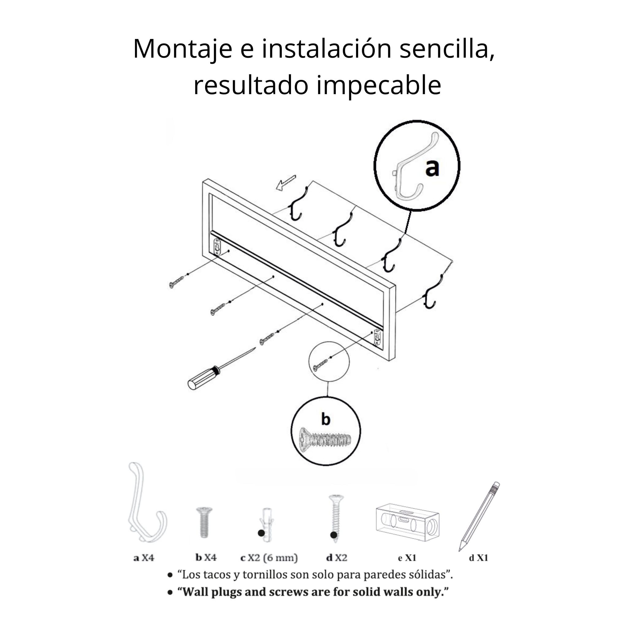 Perchero de Pared de Madera | 52×25 cm | Hecho en España | 4 Ganchos Dobles (8 Colgadores) para Ropa y Abrigos | Diseño Decorativo Funcional | Colgador Entrada, Salón, Oficina (Nature/Boho Negro)
