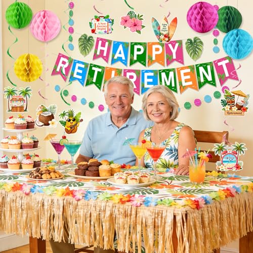 Image of Luau Hawaiian Retirement Party Decorations for Men Women Tropical Happy Retirement Banner Honeycomb Balls Hanging Swirl Circle Dots Garland Beach Summer Retirement Party Supplies