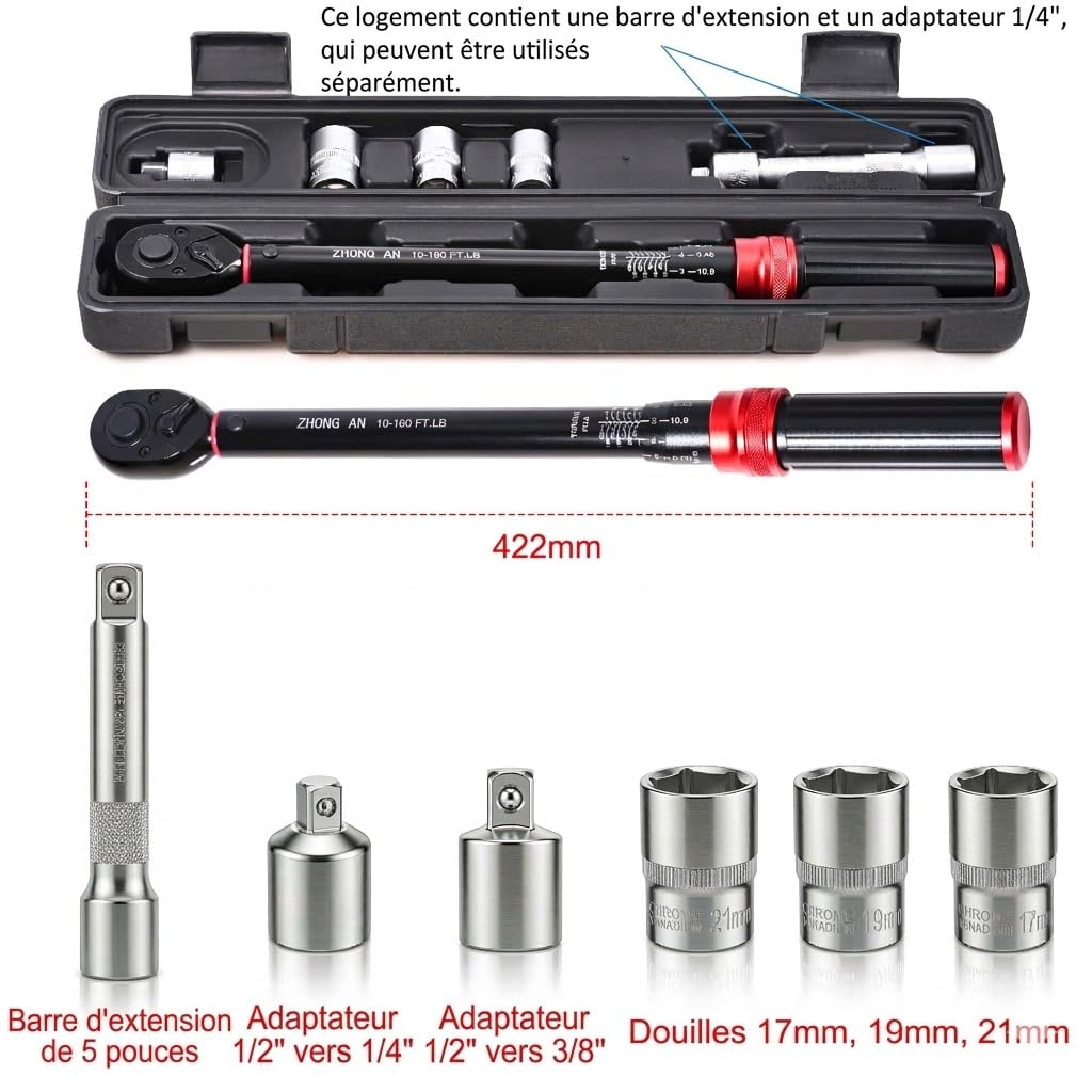 Coffret Clé Dynamométrique 1/2" Professionnelle, 13,5-217 Nm (10-160 ft-lb) avec Douilles 17/19/21mm, Rallonge et Adaptateurs (1/4", 3/8"), Clé à Cliquet de Haute Précision pour Auto, Moto et Atelier