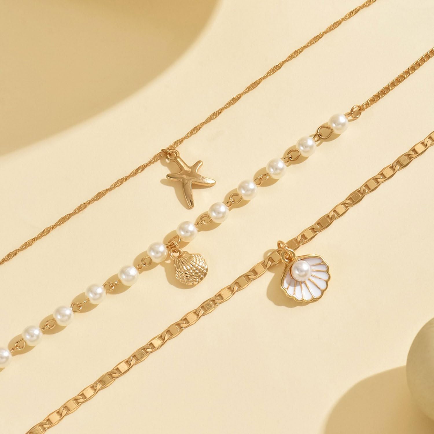 Gold Starfish Shell Necklace for Women Layered Seashell Pearl Fishtail Chain Charm Necklace Boho Starfish Shell Pendant Necklaces Trendy Summer Ocean Beach Jewelry Gift - Image 6
