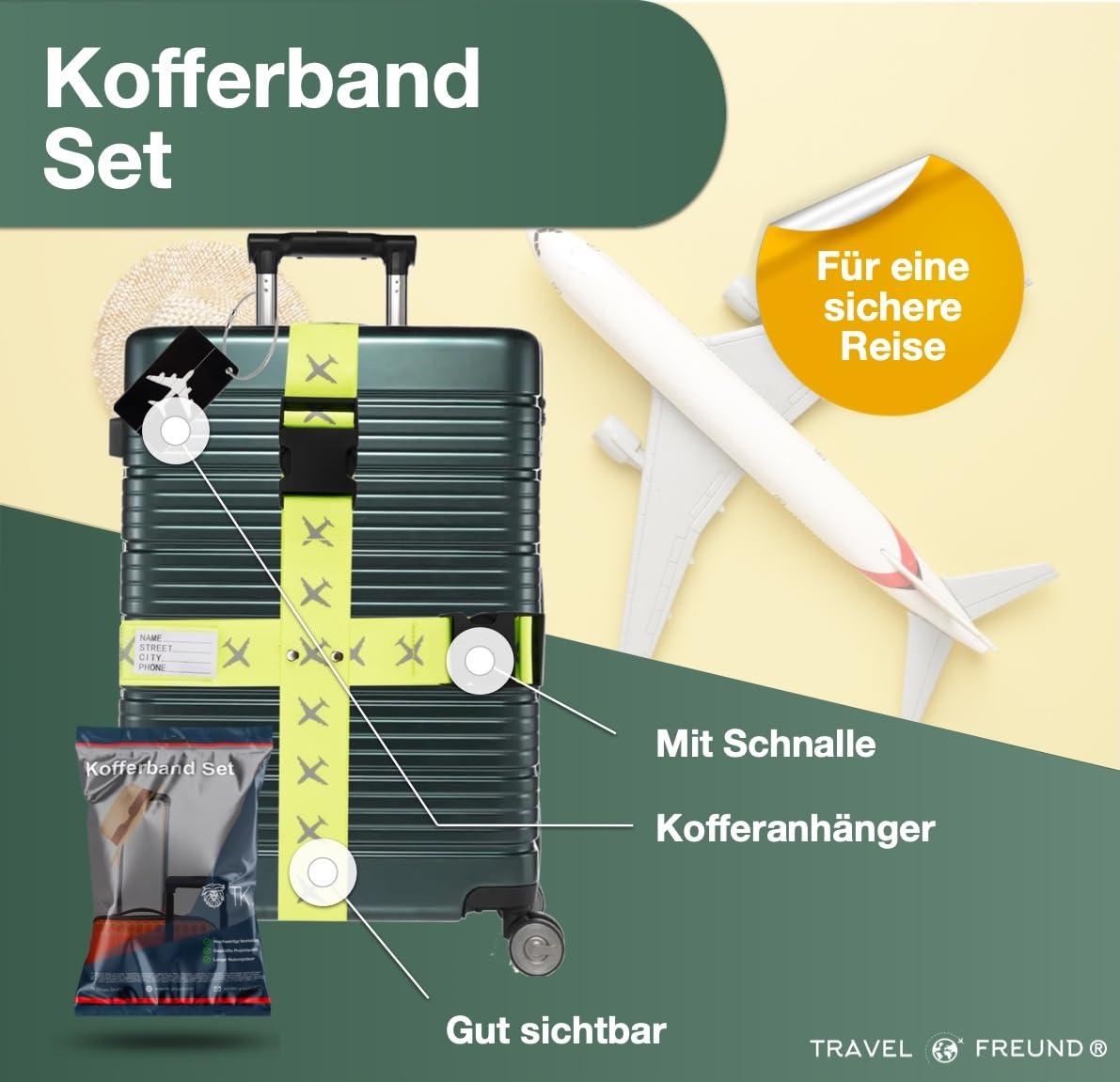 Travelfreund® zestaw 4 taśm do walizka i 4 zawieszek do walizka, kolorowe – jako zawieszka adresowa do bagażu – pasy do podróży i latania, zielony, niebieski