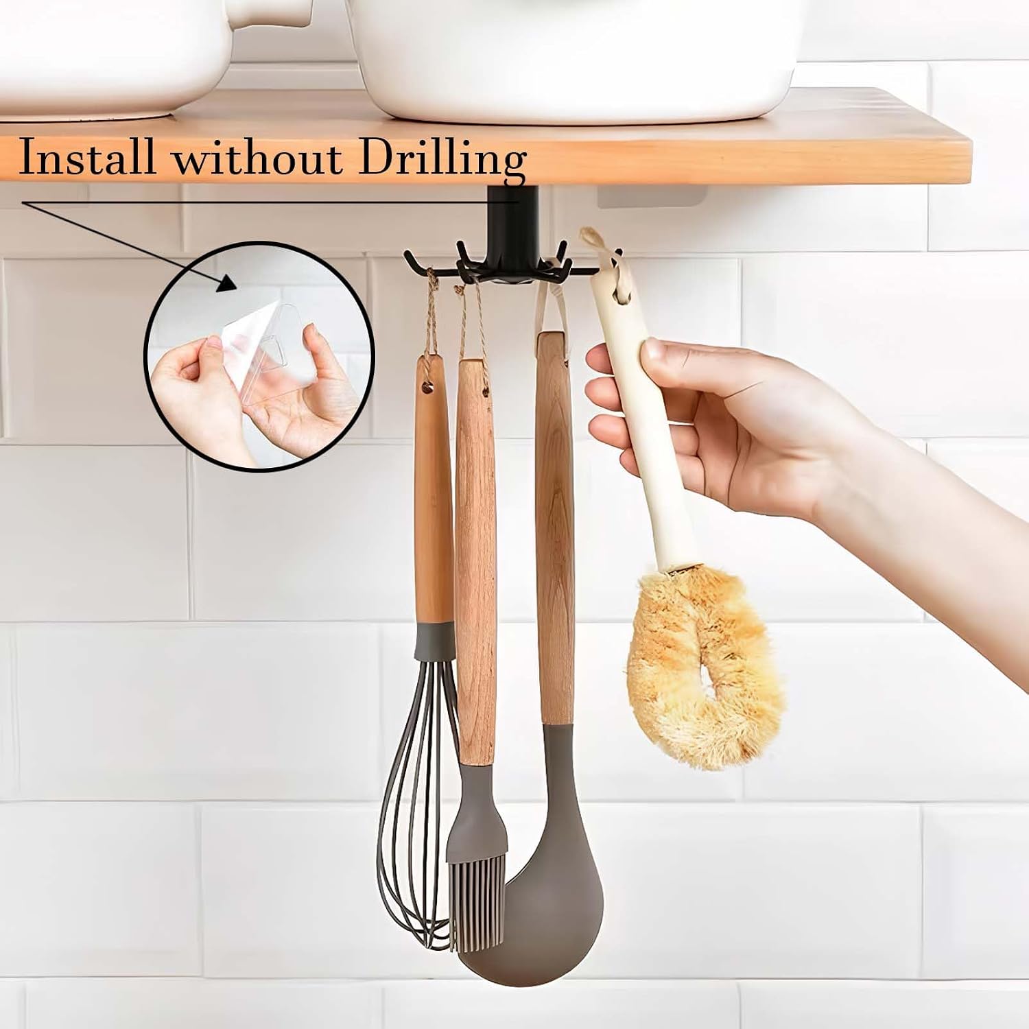 Under Cabinet Hooks, 2 Pcs, Adhesive Kitchen Utensil Hanger (Black)