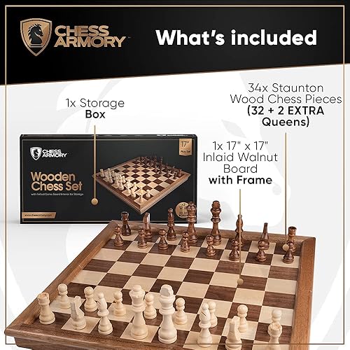 Miniatura 2 de Chess Armory Juego de ajedrez de madera, juegos de tablero de ajedrez grande de 17 pulgadas para adultos y niños con piezas extra Queen y caja de