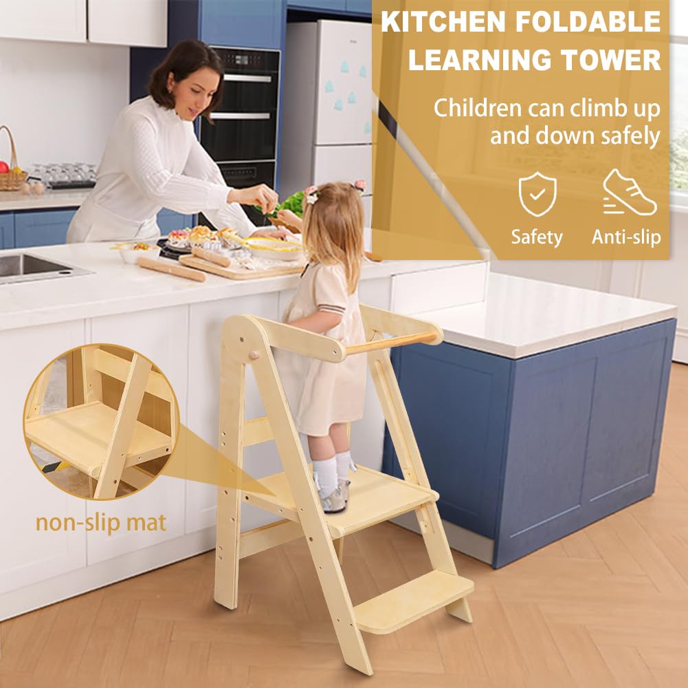 Torre pieghevole per bambini, torre di apprendimento in legno, altezza regolabile a 3 livelli, per bambini, da 1 a 6 anni, sgabello per cucina e bagno