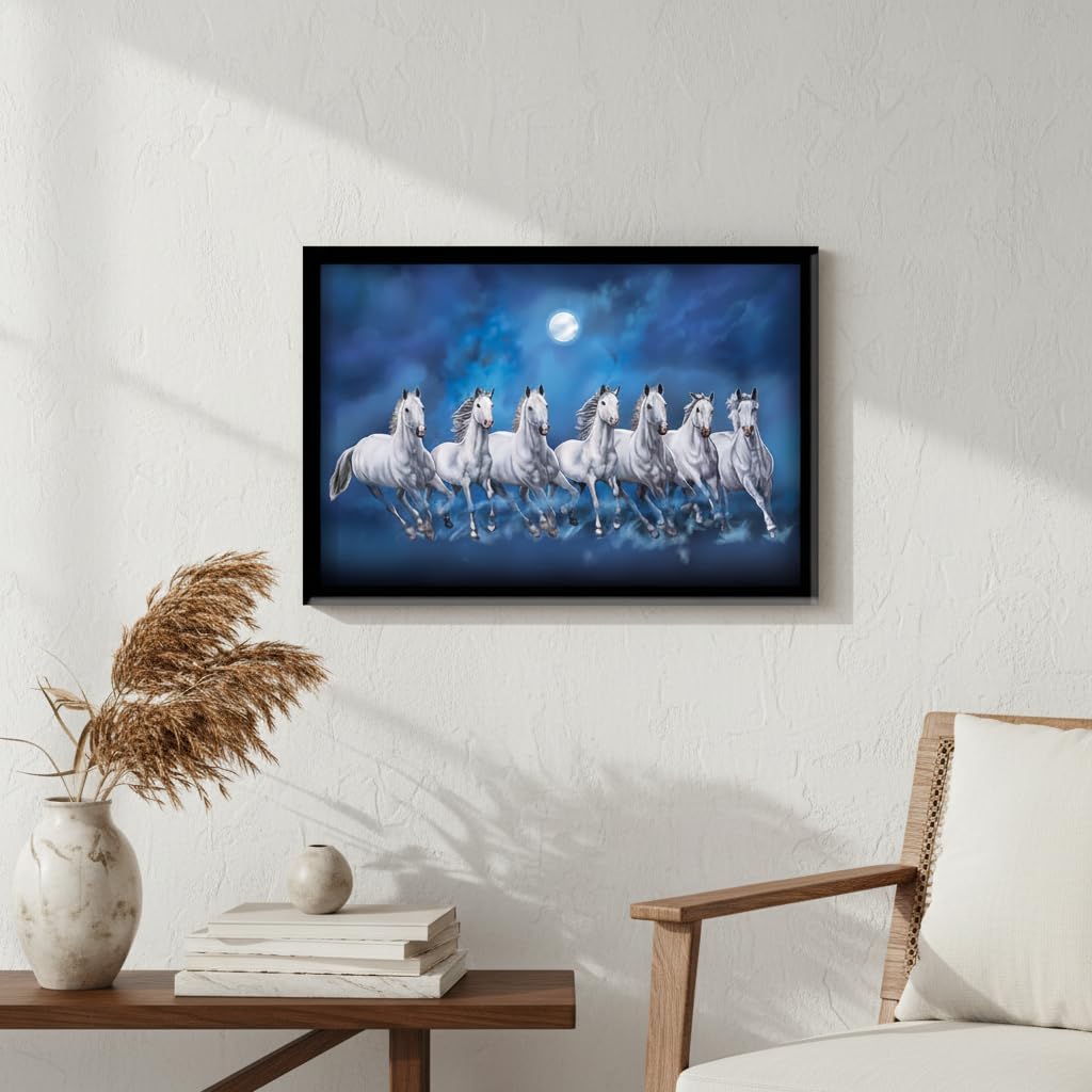 Xtore Seven Lucky Running Vastu Horses Art Framed Painting (Ocean Blue, 12 Inch x 18 Inch)