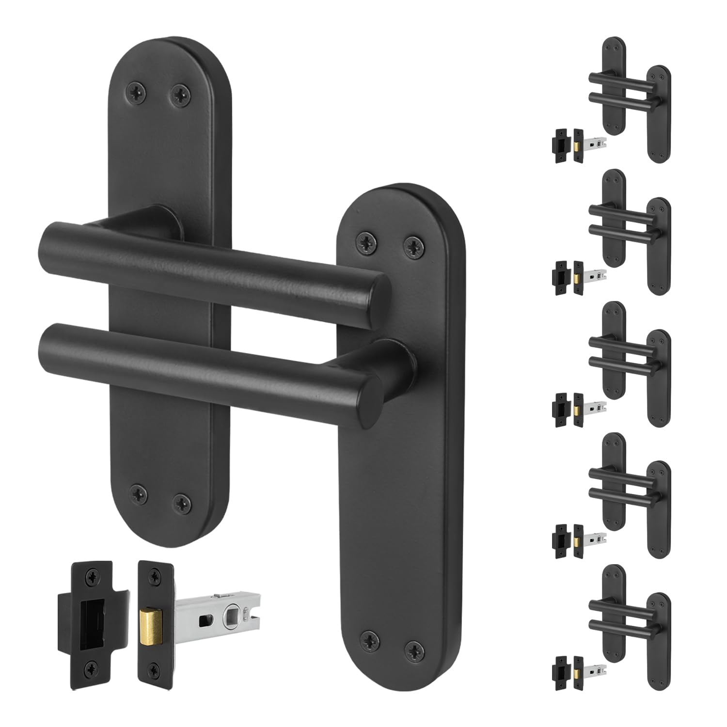 EAI Black Door Handle Latch Set, 6 Pairs of Matt Black Internal Lever T-Bar Handles Backplate Latches (64mm) - Oliena