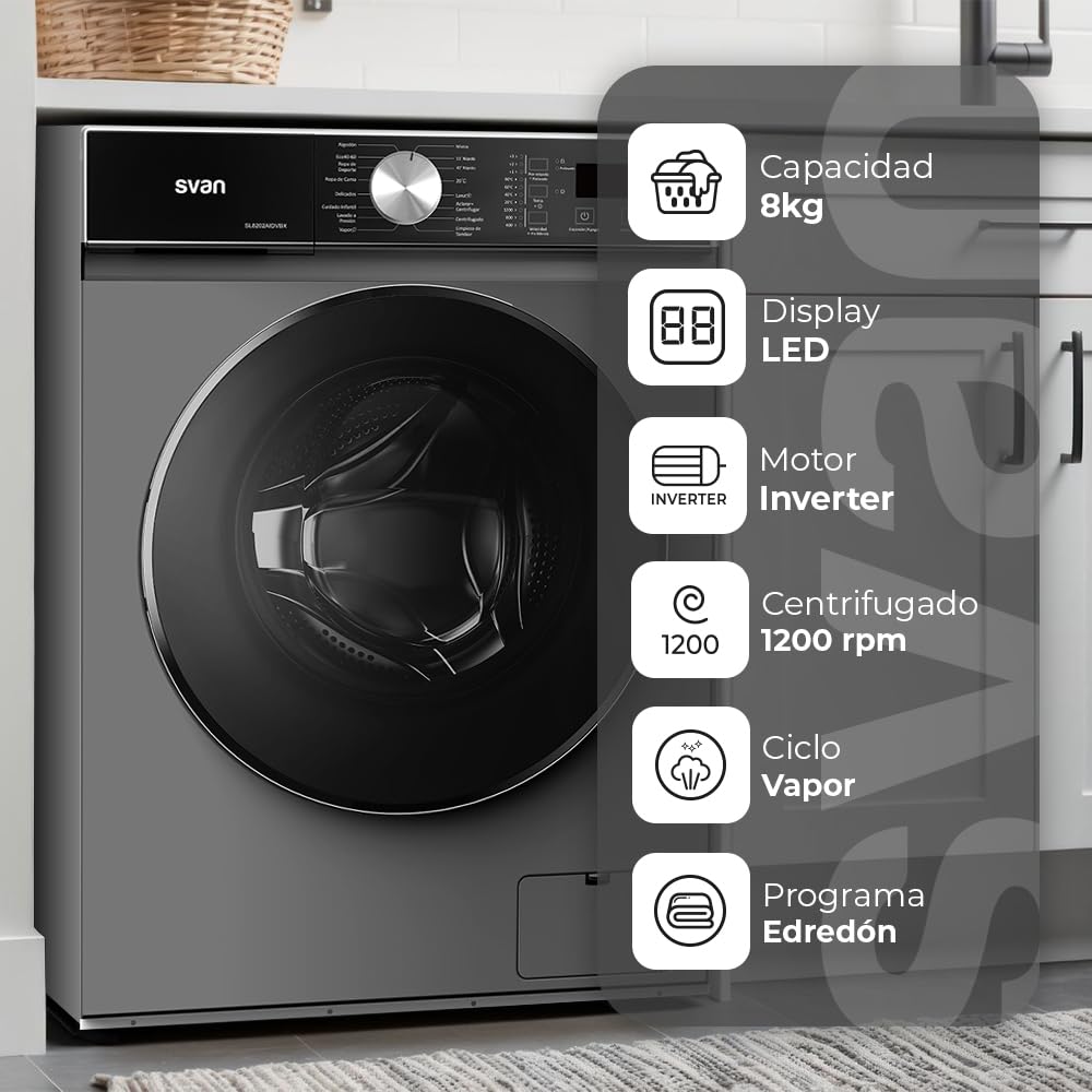 Svan Lavadora 8Kg Carga Frontal Inox SL8202AIDVBX. 1200rpm, Motor Inverter, 16 Programas, Función Stop&Go, Clase de Eficiencia Energética A