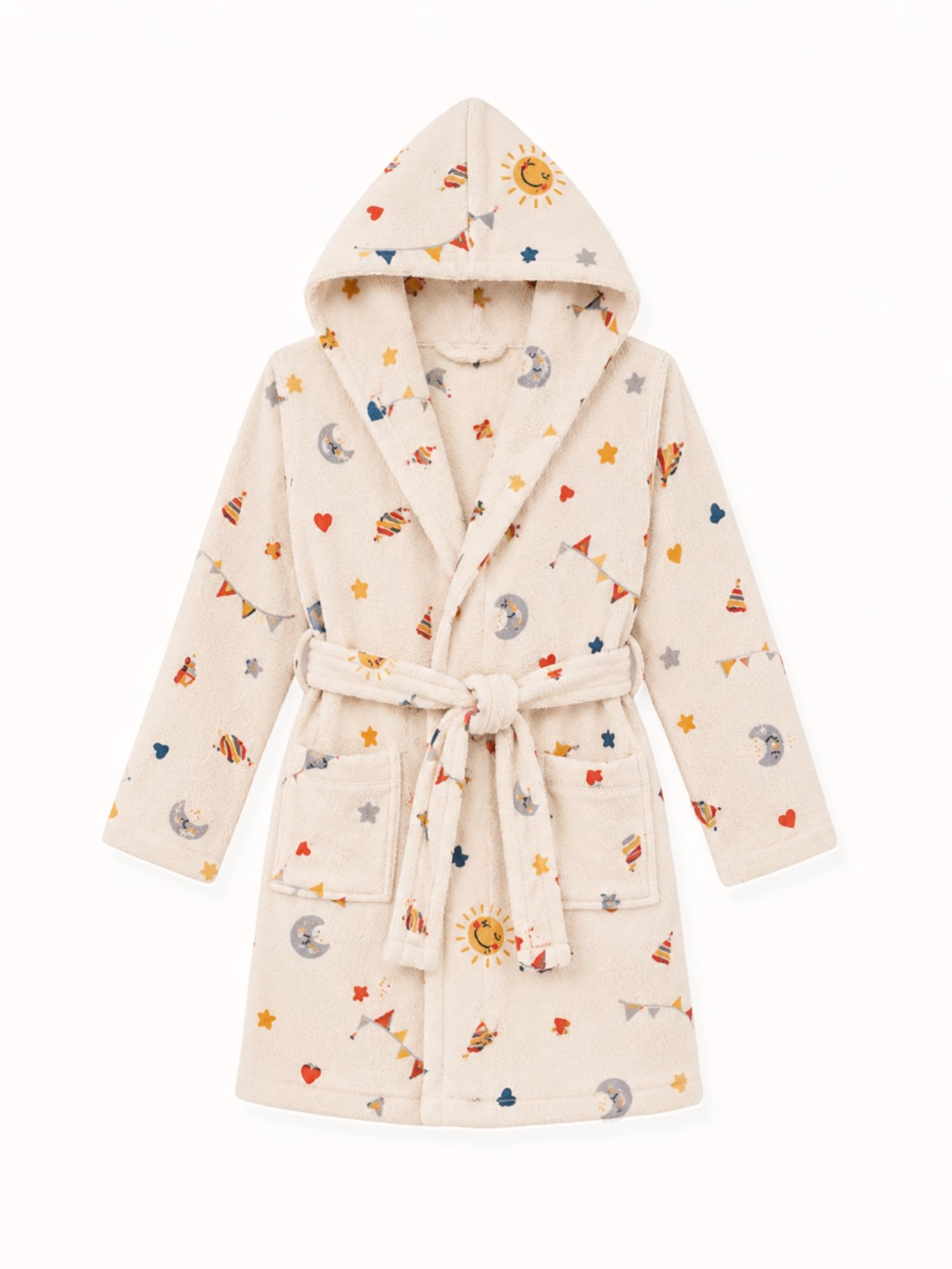 RANGOLI Premium Kids Unisex 100% Cotton Terry Hooded Bathrobe for Boys & Girls in 400 GSM with Full Sleeves, Knee Length & Elegant Printed Design (Beige-11 to 12 Years) 2