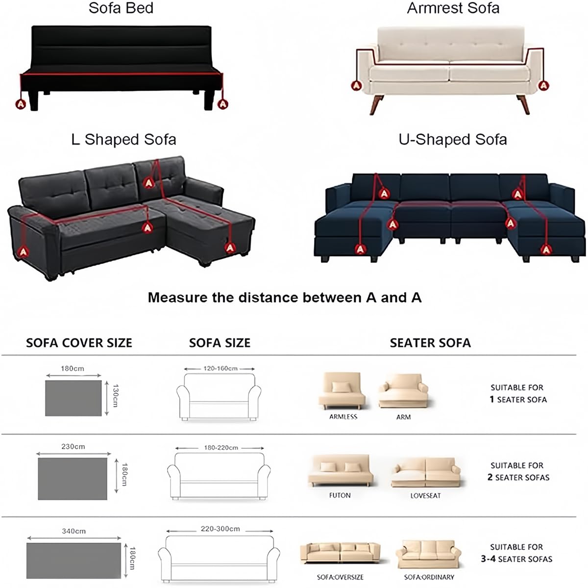 Manta Sofa Grandes para Cama Plaid Sofa 1 2 3 4 Plazas Colores Sólidos Sofa Plaid Cama Reversibles Sofá Asiento Cama Doble (Blanco,180x380cm)