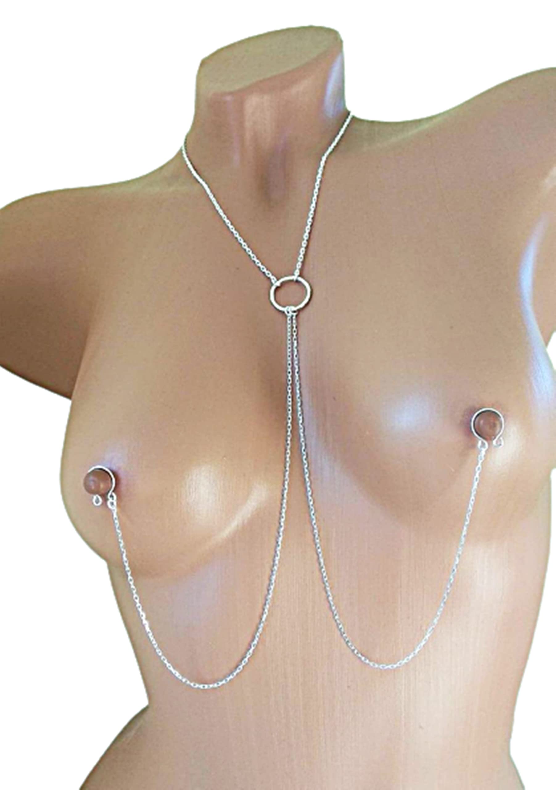 Handgefertigter Nippelschmuck mit O-Ring Choker und Silberketten | Hochwertiges Metall, Baumelnde Silberketten, Fake Nippelpiercing